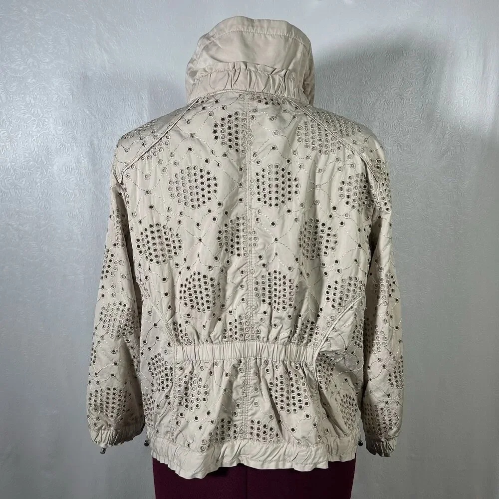 White House Black Market WHBM Sz 12 Beige Eyelet Jacket Full Zip Mock Neck Boho
